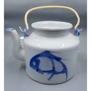 Asian Hand Painted Blue & White Koi Carp Fish Porcelain Wrapped Handle Teapot